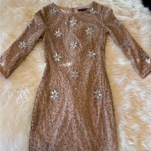 French Connection Beaded 3/4 Sleeve Dress in dusty pink.